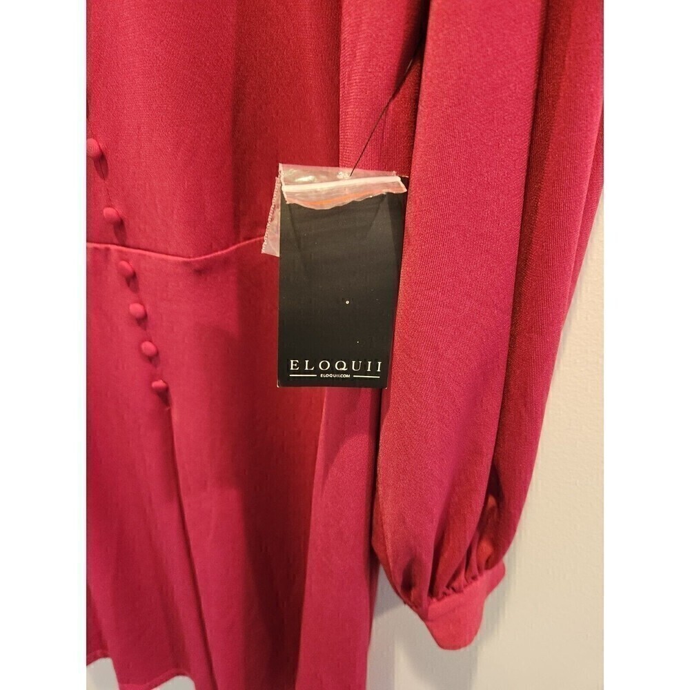 Eloquii Dress Keyhole Cut Out Button Detail Balloon Sleeve Sz 20 Burgandy Nwt - Picture 8 of 10